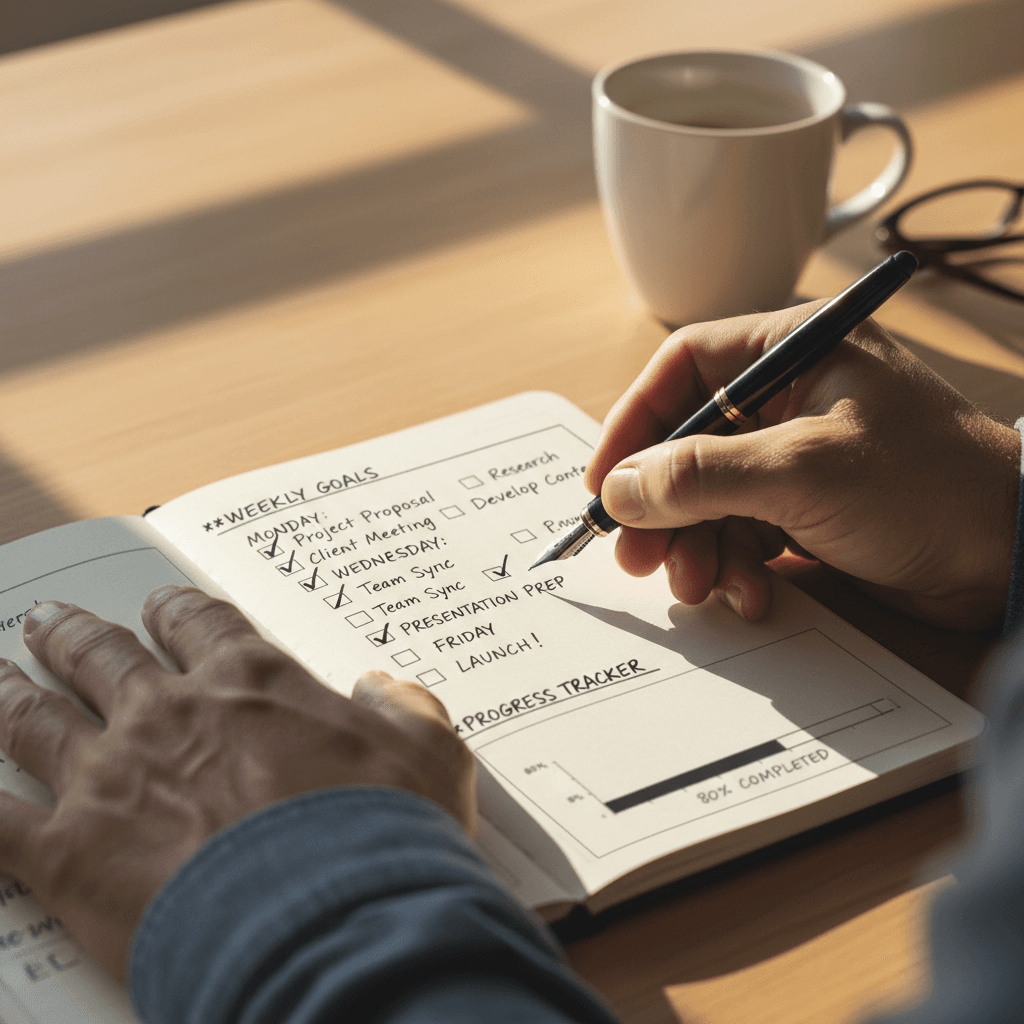 Client tracking daily progress in accountability notebook