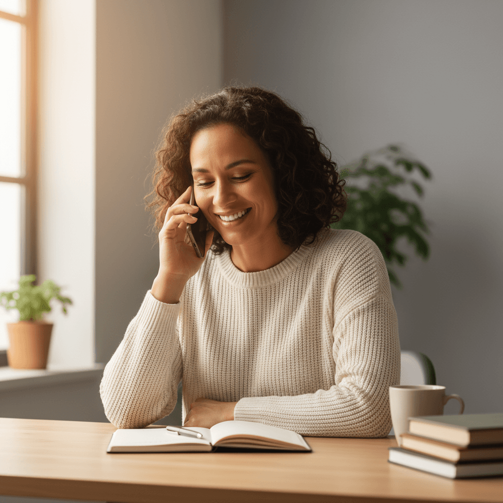 Woman on accountability call looking focused and motivated